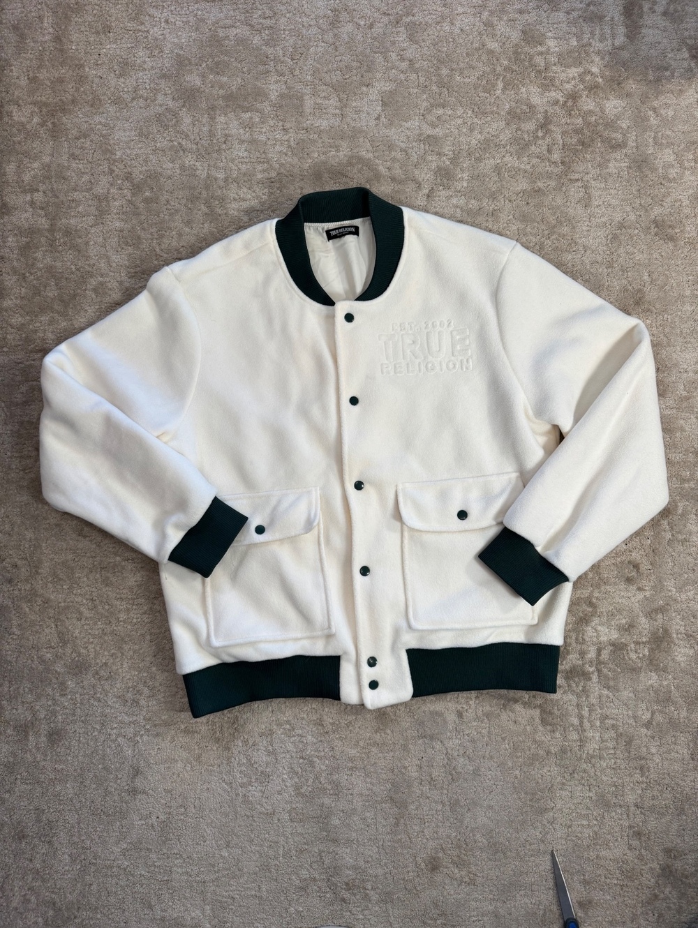 True Religion White and Dark Green Bomber Jacket with Snap Buttons
